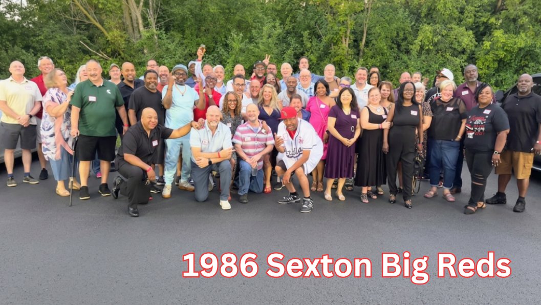 The J.W. Sexton High School Class of 1986 gathered outdoors for a group photo.