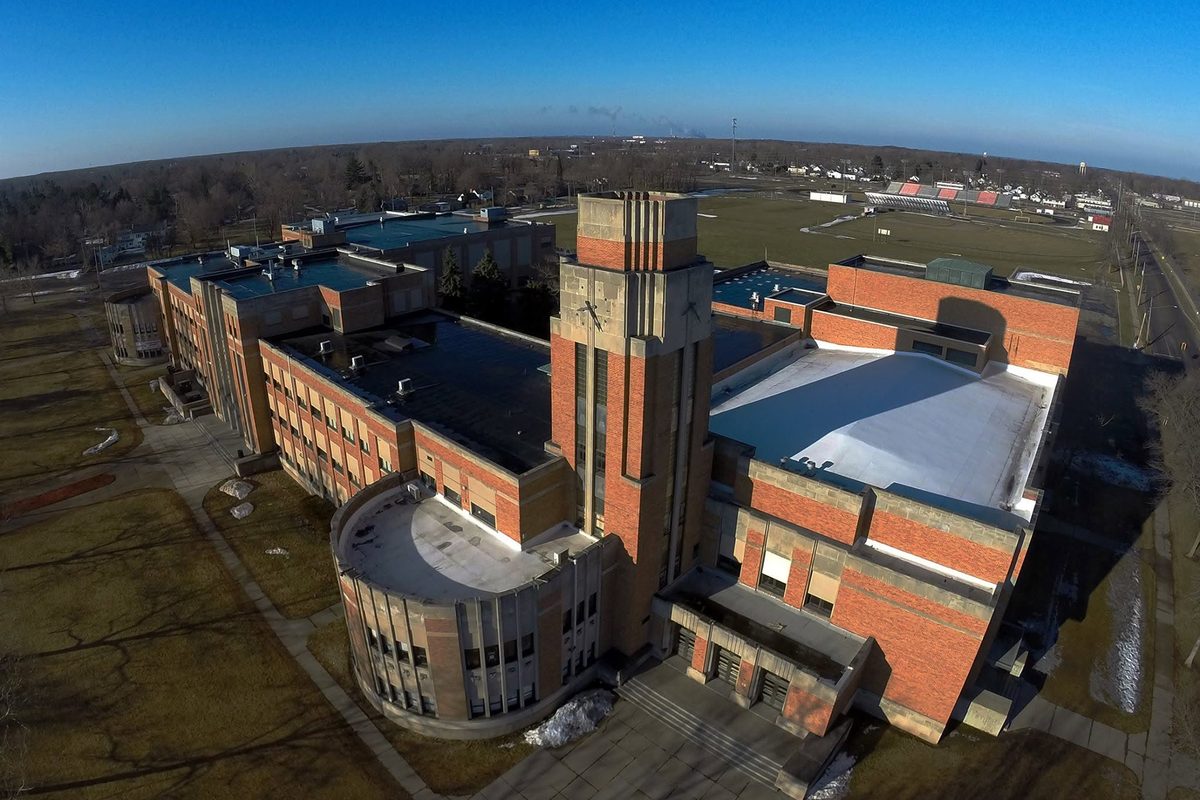 Aerial view of J.W. Sexton High School and its athletics field