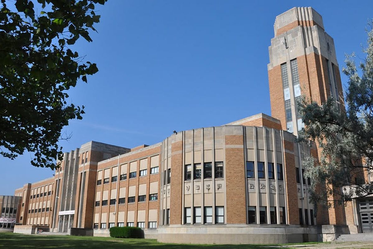 J.W. Sexton High School building and tower, exterior view